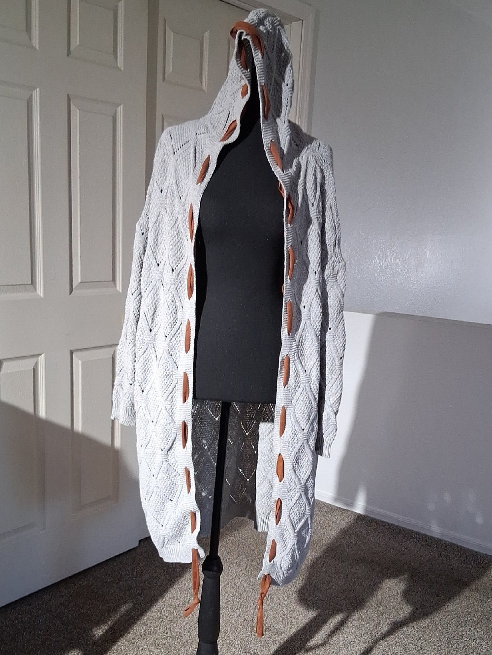 Hooded Open-Front Cable Knit Women's Sweater Cardigan Brown Strings & Arm Patch